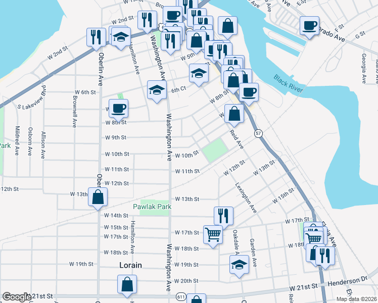 map of restaurants, bars, coffee shops, grocery stores, and more near 822 W 10th St in Lorain