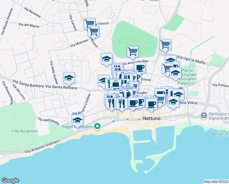 map of restaurants, bars, coffee shops, grocery stores, and more near 43 Via Sangallo Forte in Nettuno