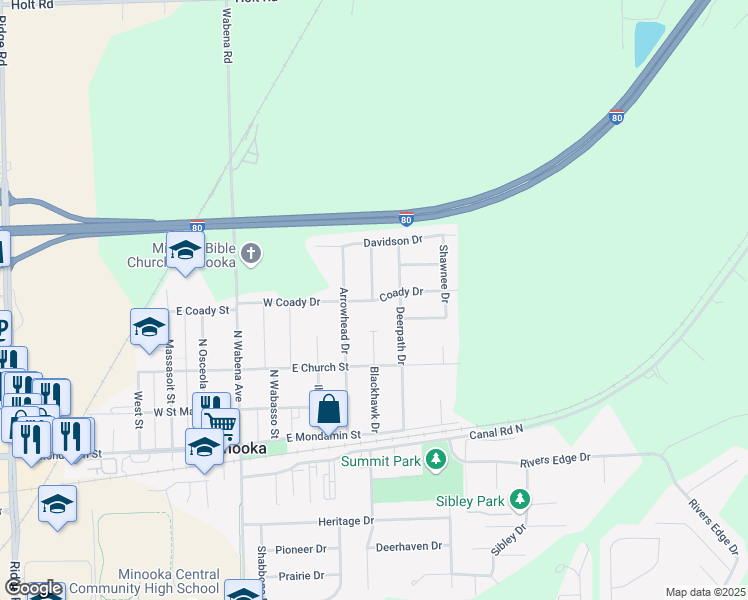 map of restaurants, bars, coffee shops, grocery stores, and more near 400 Coady Drive in Minooka