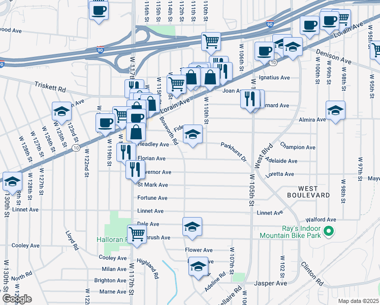 map of restaurants, bars, coffee shops, grocery stores, and more near 11005 Parkhurst Drive in Cleveland
