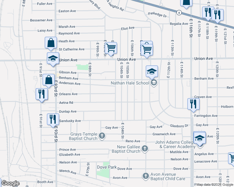 map of restaurants, bars, coffee shops, grocery stores, and more near 3624 East 103rd Street in Cleveland
