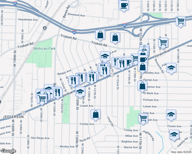 map of restaurants, bars, coffee shops, grocery stores, and more near 3408 West 127th Street in Cleveland