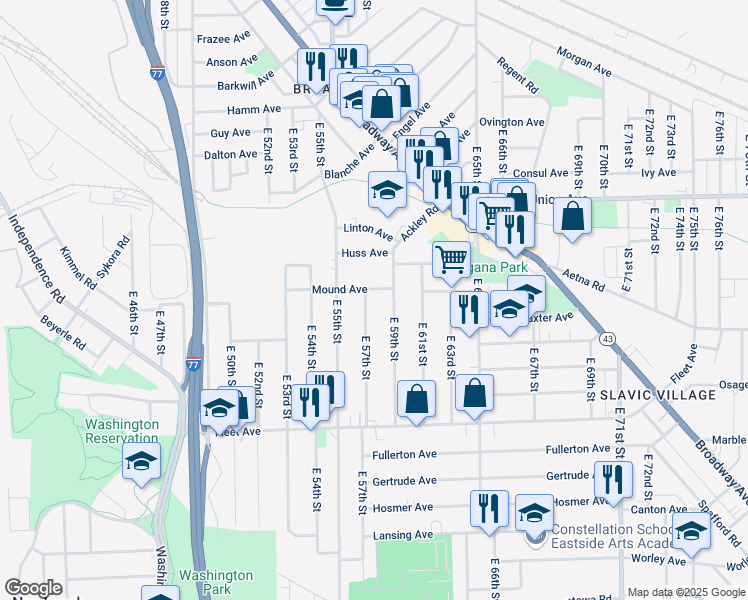 map of restaurants, bars, coffee shops, grocery stores, and more near 3605 East 57th Street in Cleveland