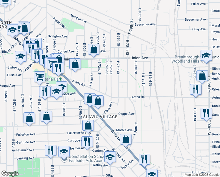 map of restaurants, bars, coffee shops, grocery stores, and more near 3616 East 75th Street in Cleveland