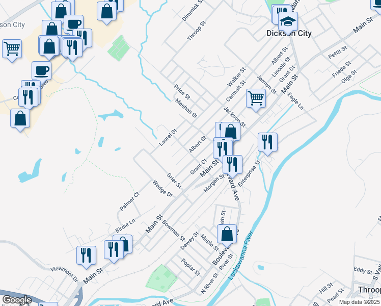 map of restaurants, bars, coffee shops, grocery stores, and more near 608 Hallstead St in Dickson City