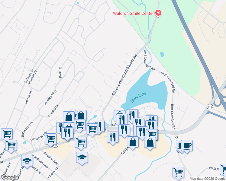 map of restaurants, bars, coffee shops, grocery stores, and more near 95 Silver Lake-Scotchtown Road in Middletown