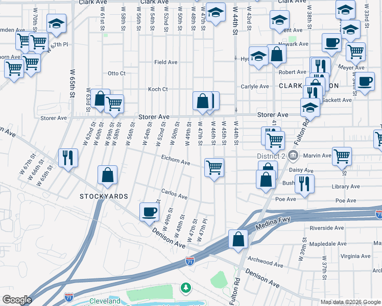 map of restaurants, bars, coffee shops, grocery stores, and more near 3465 West 49th Street in Cleveland