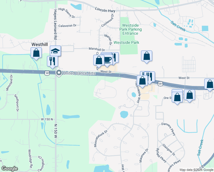 map of restaurants, bars, coffee shops, grocery stores, and more near 1198 Coolwood Drive in Valparaiso
