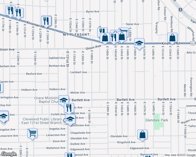 map of restaurants, bars, coffee shops, grocery stores, and more near 3642 East 139th Street in Cleveland