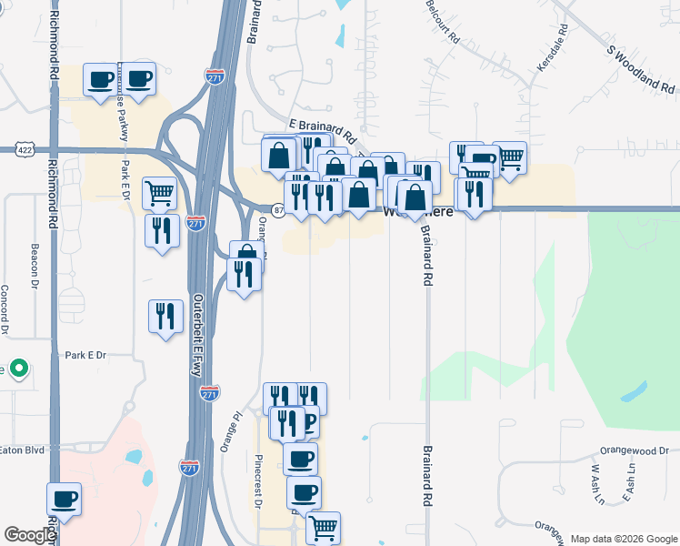 map of restaurants, bars, coffee shops, grocery stores, and more near 3684 Maplecrest Road in Woodmere