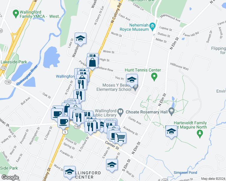map of restaurants, bars, coffee shops, grocery stores, and more near 179 North Orchard Street in Wallingford