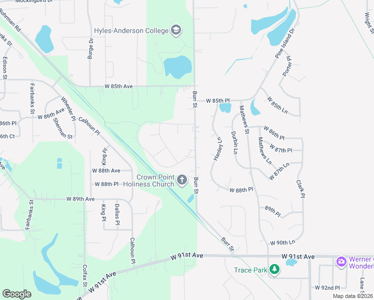 map of restaurants, bars, coffee shops, grocery stores, and more near 8720 Burr Street in Crown Point