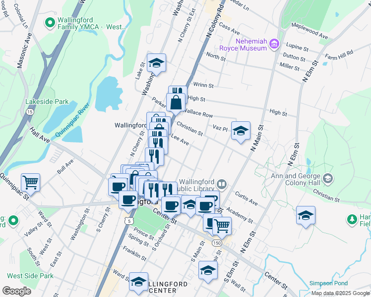 map of restaurants, bars, coffee shops, grocery stores, and more near 114 William Street in Wallingford