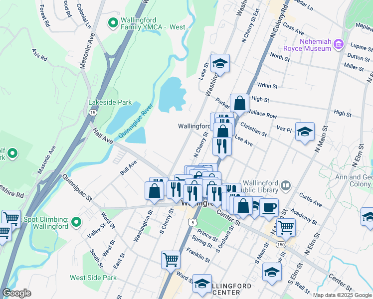 map of restaurants, bars, coffee shops, grocery stores, and more near 120 North Cherry Street in Wallingford