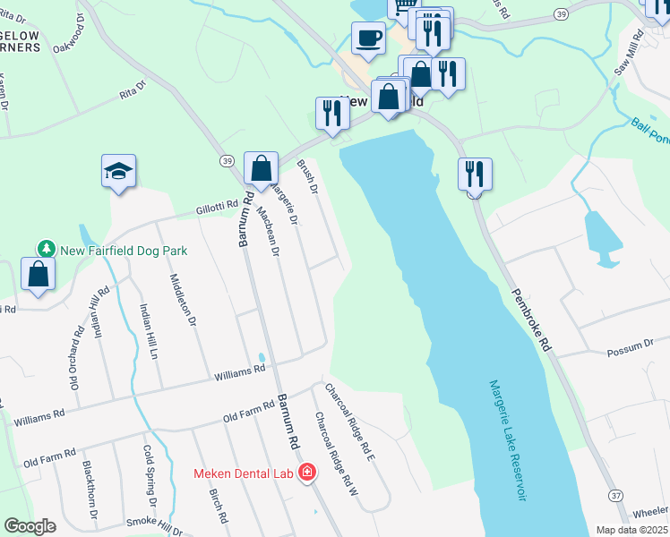 map of restaurants, bars, coffee shops, grocery stores, and more near 17 Brush Drive in New Fairfield