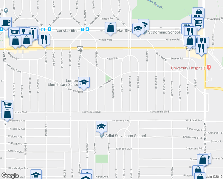 map of restaurants, bars, coffee shops, grocery stores, and more near 3661 Latimore Road in Shaker Heights