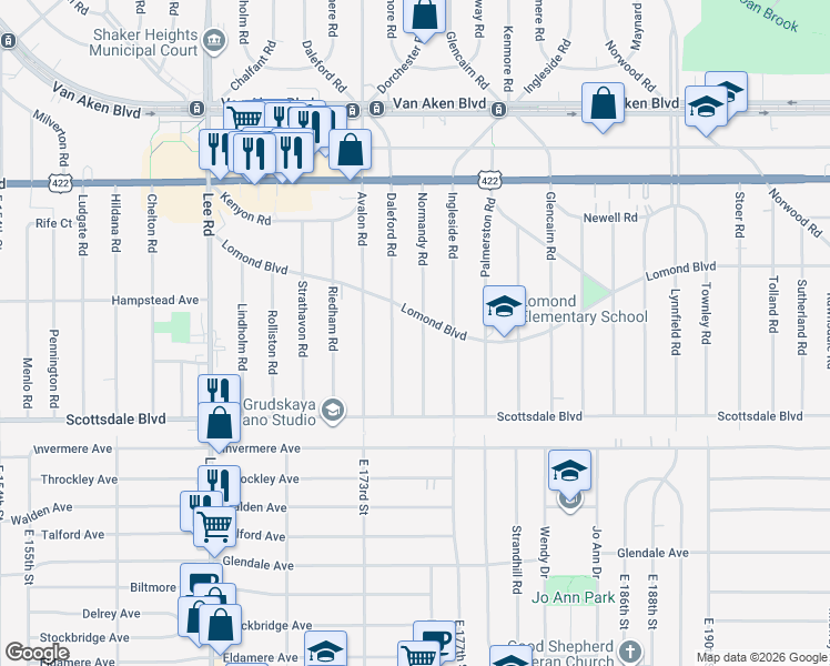 map of restaurants, bars, coffee shops, grocery stores, and more near 17608 Lomond Boulevard in Shaker Heights