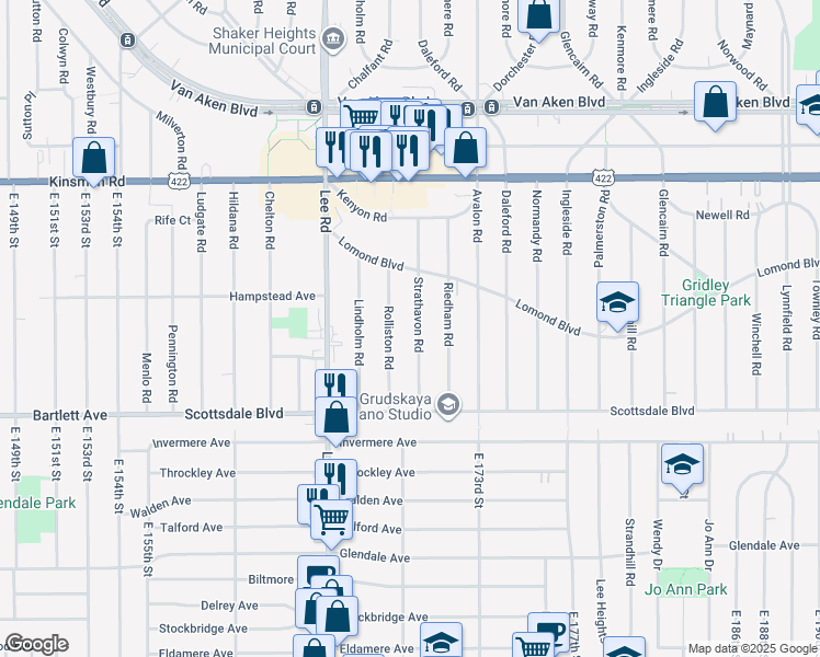 map of restaurants, bars, coffee shops, grocery stores, and more near 3663 Strathavon Road in Shaker Heights