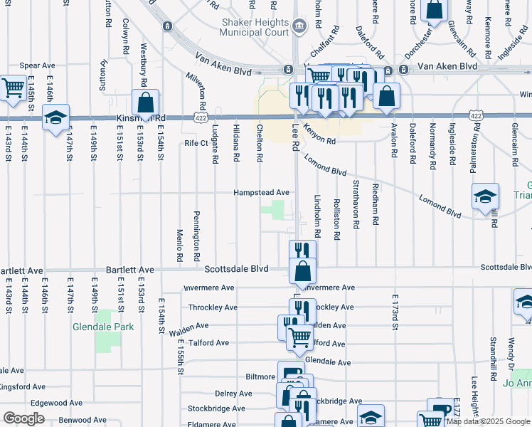 map of restaurants, bars, coffee shops, grocery stores, and more near 3659 Chelton Road in Shaker Heights