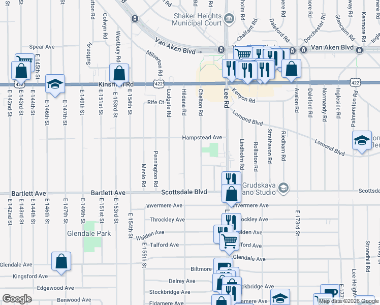 map of restaurants, bars, coffee shops, grocery stores, and more near 3657 Hildana Road in Shaker Heights