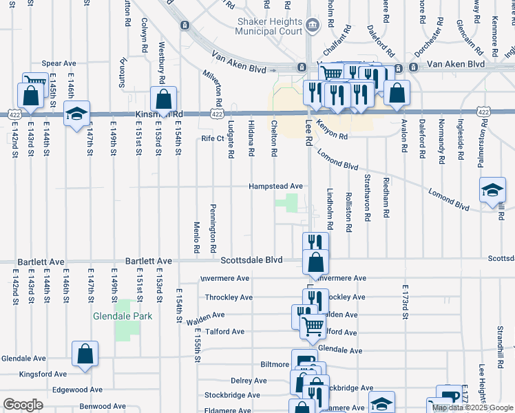 map of restaurants, bars, coffee shops, grocery stores, and more near 3657 Hildana Road in Shaker Heights