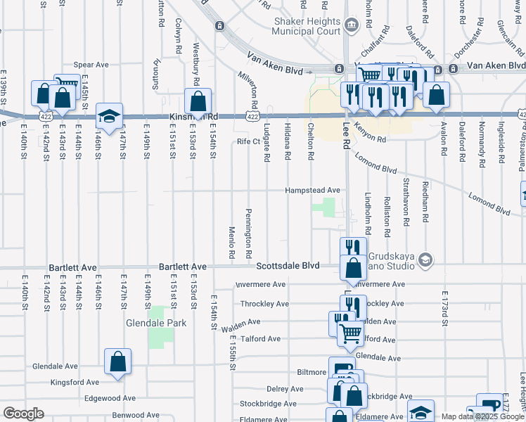 map of restaurants, bars, coffee shops, grocery stores, and more near 3662 Ludgate Road in Shaker Heights
