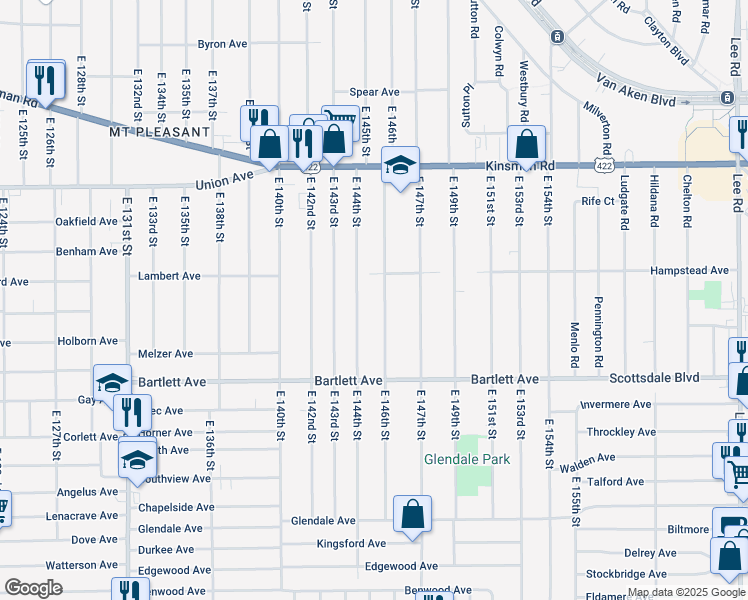 map of restaurants, bars, coffee shops, grocery stores, and more near 3656 East 146th Street in Cleveland