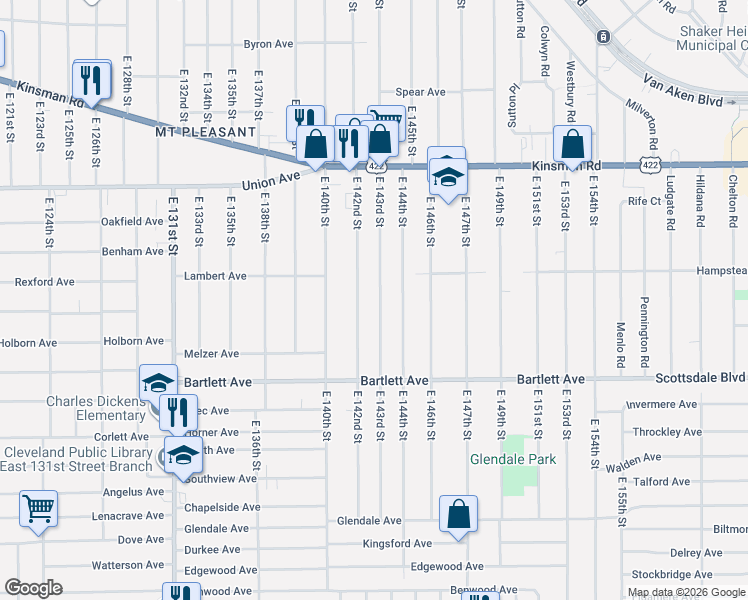 map of restaurants, bars, coffee shops, grocery stores, and more near 3653 East 143rd Street in Cleveland