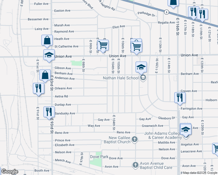 map of restaurants, bars, coffee shops, grocery stores, and more near 3624 East 103rd Street in Cleveland