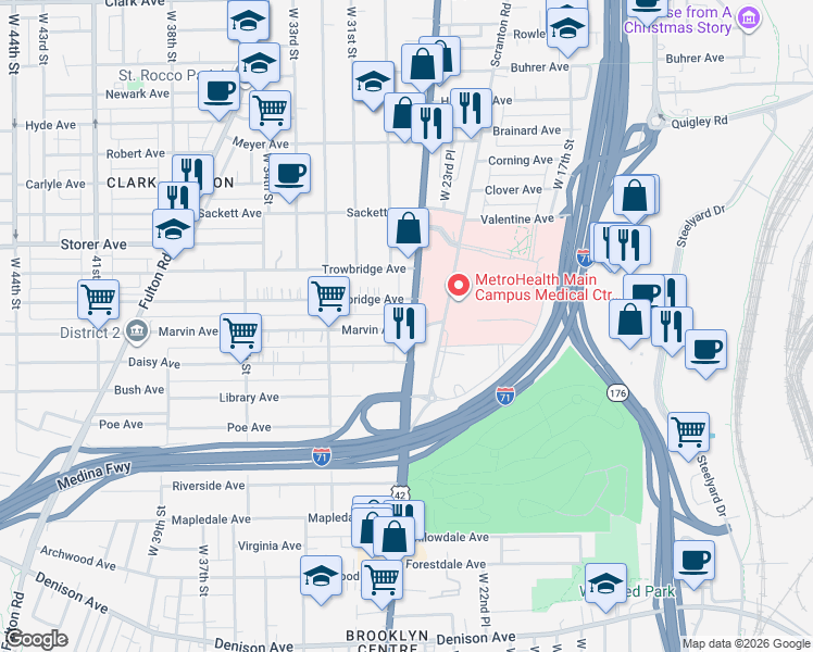 map of restaurants, bars, coffee shops, grocery stores, and more near in Cleveland