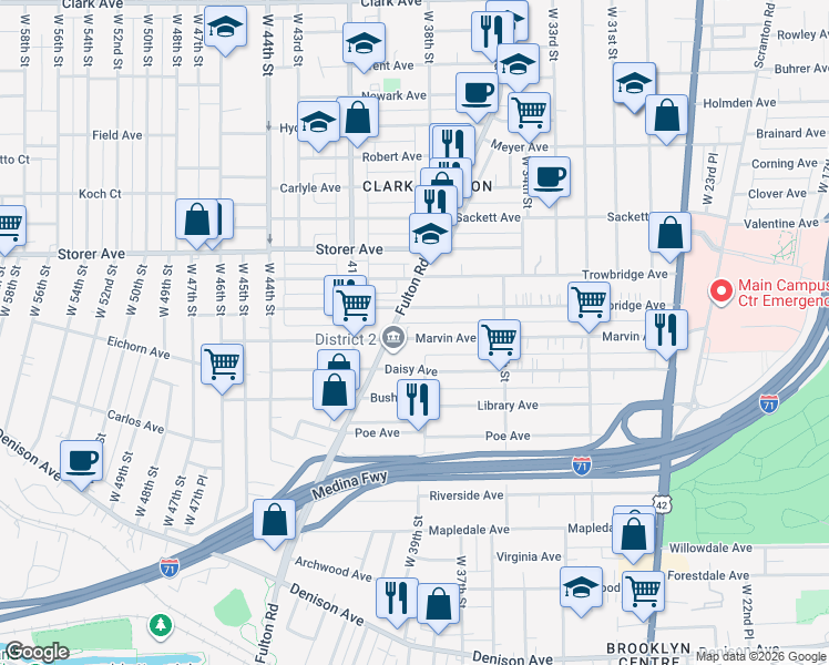 map of restaurants, bars, coffee shops, grocery stores, and more near 3912 Marvin Avenue in Cleveland