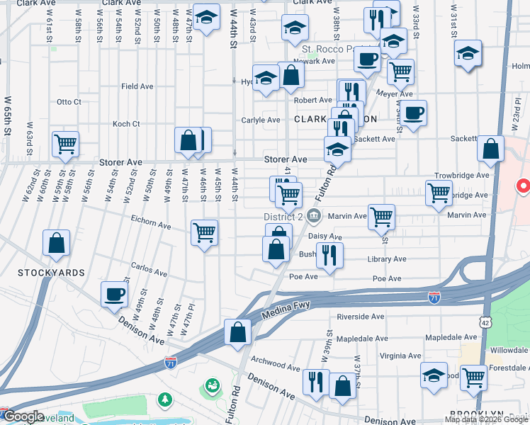 map of restaurants, bars, coffee shops, grocery stores, and more near 4134 Marvin Avenue in Cleveland
