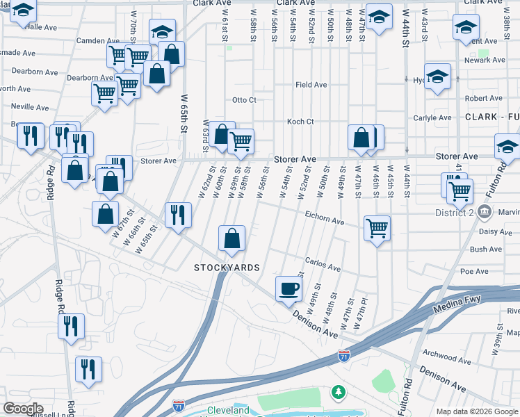 map of restaurants, bars, coffee shops, grocery stores, and more near 3466 West 56th Street in Cleveland