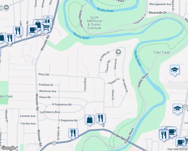 map of restaurants, bars, coffee shops, grocery stores, and more near 18930 Story Road in Rocky River
