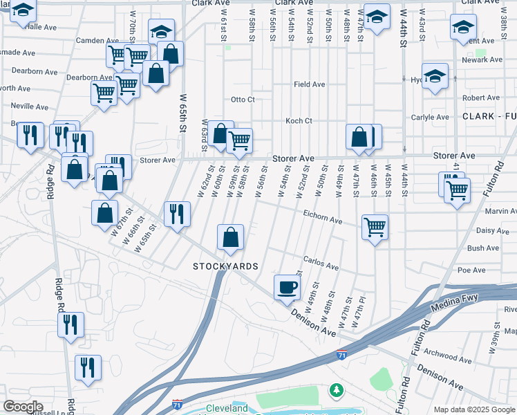 map of restaurants, bars, coffee shops, grocery stores, and more near 3466 West 56th Street in Cleveland