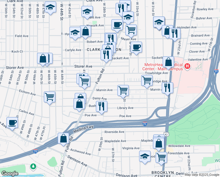 map of restaurants, bars, coffee shops, grocery stores, and more near 3716 Marvin Avenue in Cleveland