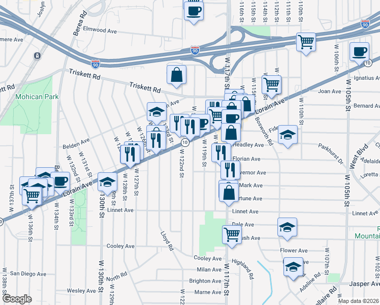 map of restaurants, bars, coffee shops, grocery stores, and more near 3403 West 122nd Street in Cleveland