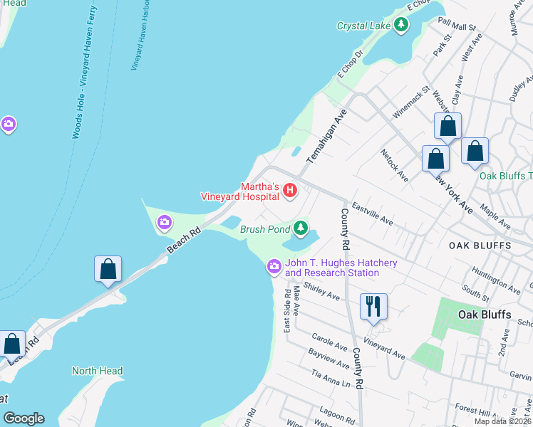 map of restaurants, bars, coffee shops, grocery stores, and more near 26 Windemere Road in Oak Bluffs