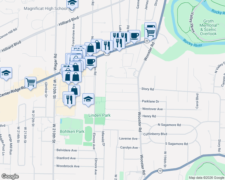 map of restaurants, bars, coffee shops, grocery stores, and more near 20326 Bonnie Bank Boulevard in Rocky River