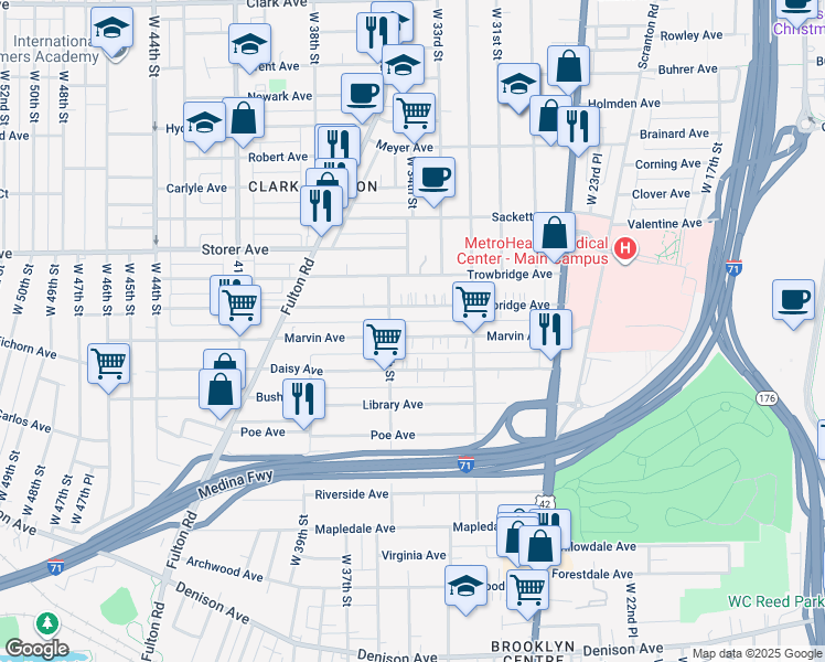 map of restaurants, bars, coffee shops, grocery stores, and more near 3358 Marvin Avenue in Cleveland