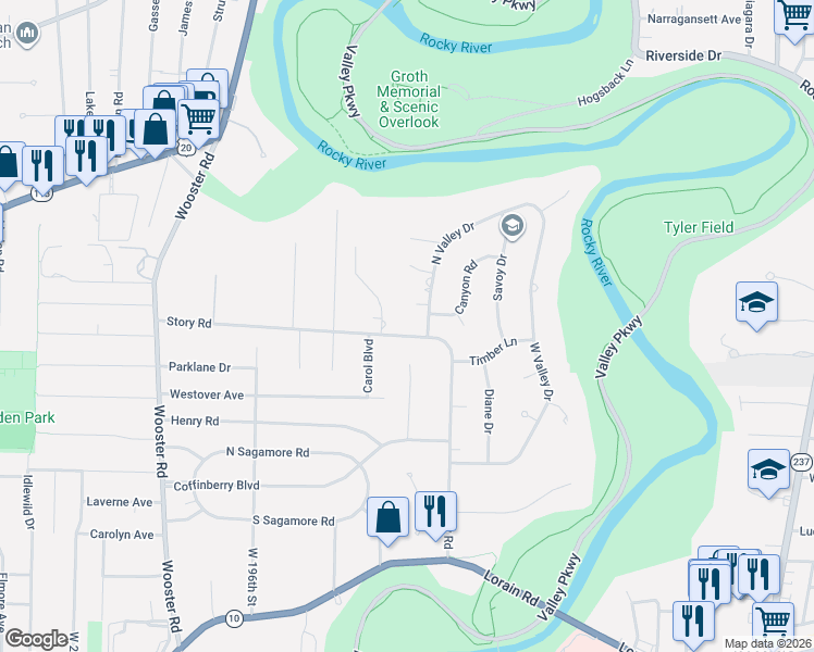 map of restaurants, bars, coffee shops, grocery stores, and more near 18930 Story Road in Rocky River