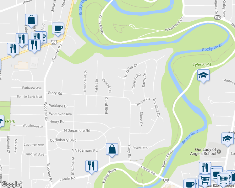 map of restaurants, bars, coffee shops, grocery stores, and more near 18930 Story Road in Rocky River