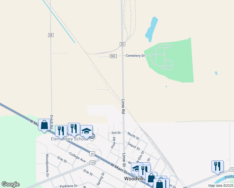 map of restaurants, bars, coffee shops, grocery stores, and more near in Woodville