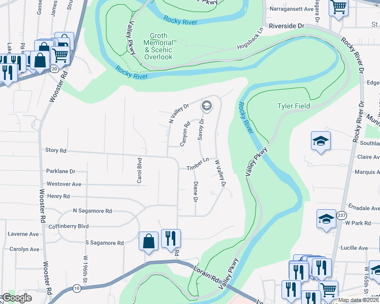 map of restaurants, bars, coffee shops, grocery stores, and more near 18869 Canyon Road in Fairview Park