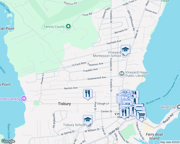 map of restaurants, bars, coffee shops, grocery stores, and more near 100 Franklin Avenue in Tisbury