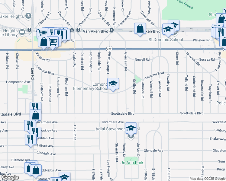 map of restaurants, bars, coffee shops, grocery stores, and more near 17917 Lomond Boulevard in Shaker Heights