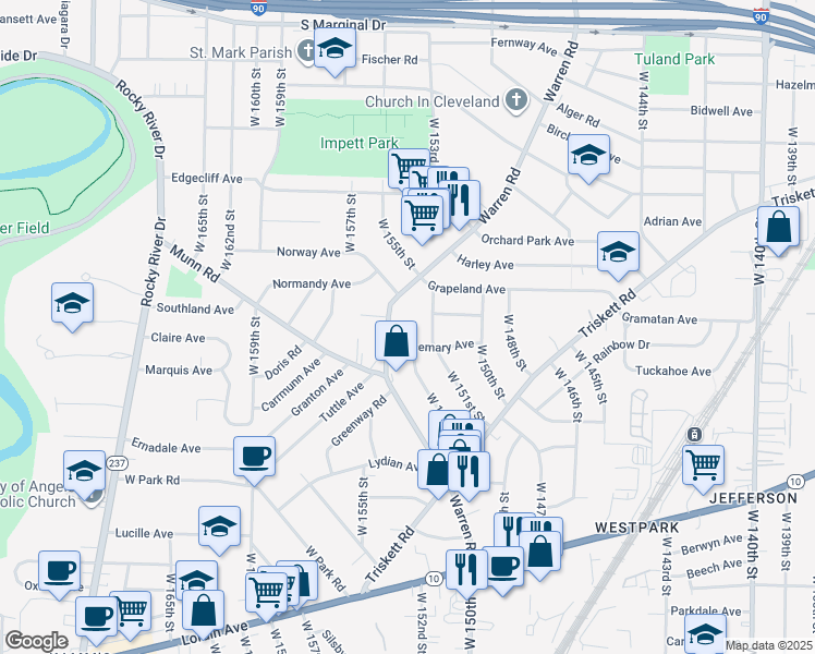 map of restaurants, bars, coffee shops, grocery stores, and more near 3457 Warren Road in Cleveland