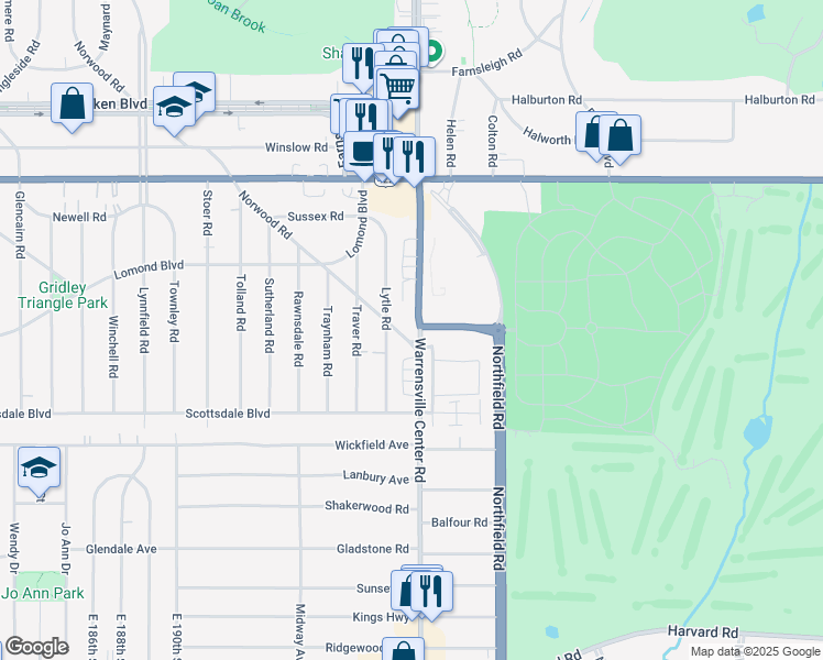map of restaurants, bars, coffee shops, grocery stores, and more near 3660 Warrensville Center Road in Shaker Heights