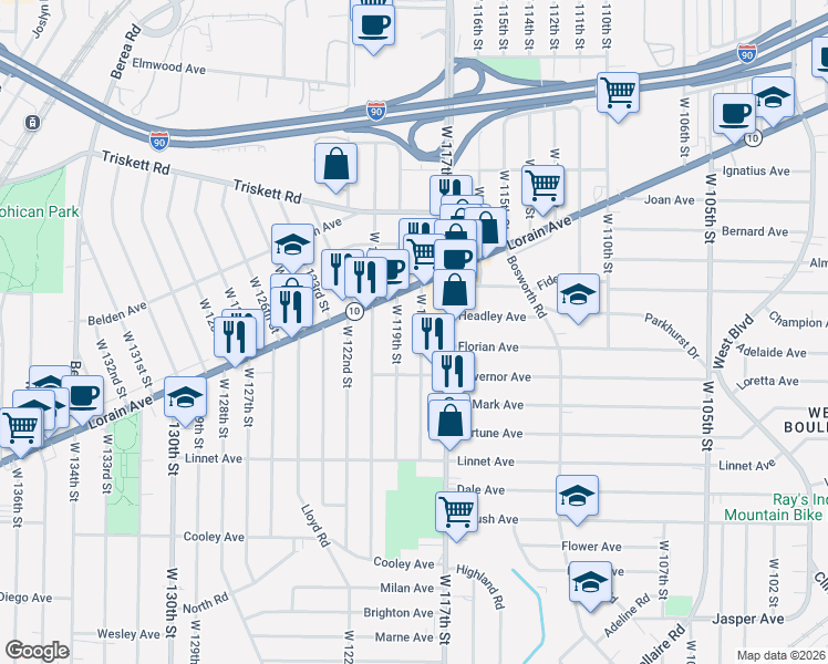 map of restaurants, bars, coffee shops, grocery stores, and more near 3403 West 118th Street in Cleveland