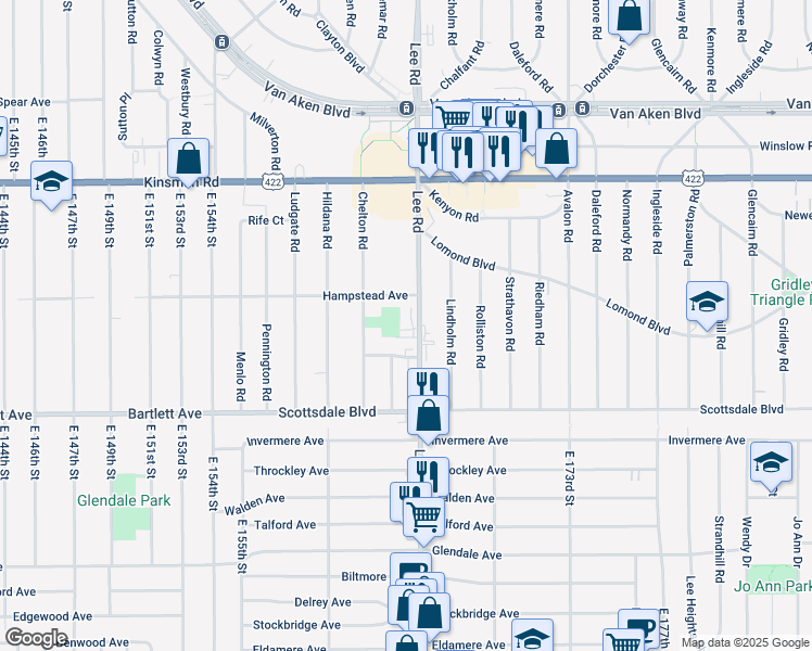 map of restaurants, bars, coffee shops, grocery stores, and more near 3654 Lee Road in Shaker Heights